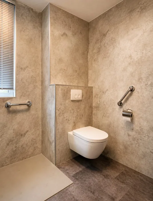 Hangtoilet met steunbeugels en steenlook wandpanelen
