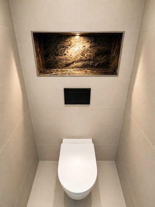 Hangtoilet onder een verlichte nis met natuursteen